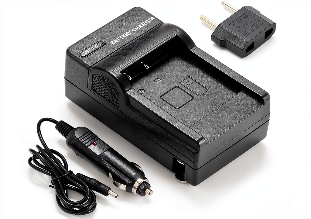 Camcorder battery charger with fold-out US wall charger and extra car charger