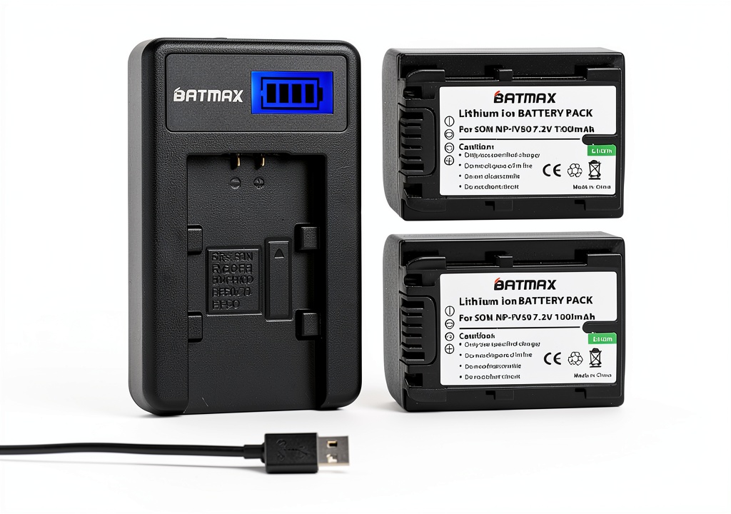 Batmax charger powering Sony camcorder on a tripod