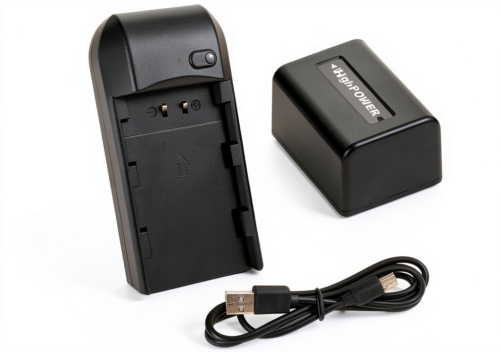 CofunKool NP-FV5 charger connected to a camcorder on a tripod