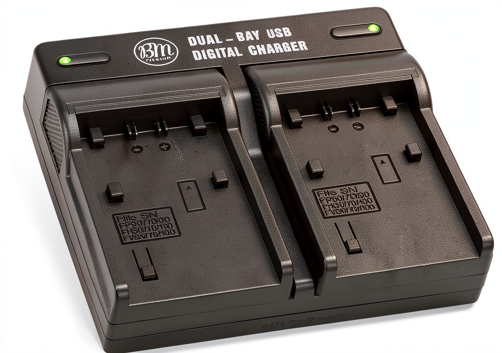 Dual USB charger powering two camcorder batteries on a tripod