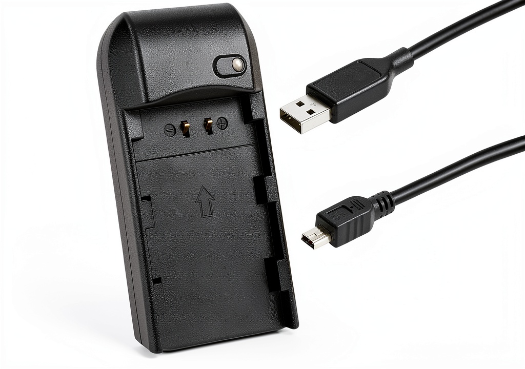 User connecting the charger to a camcorder battery on a tripod