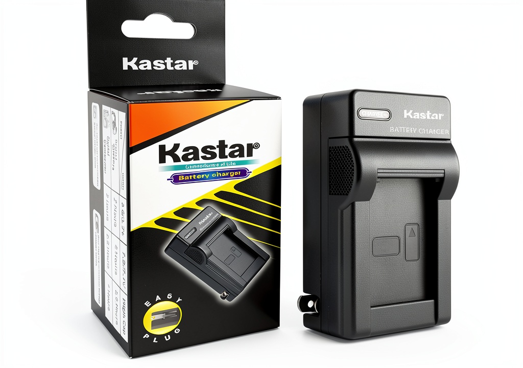 Kastar Mini Rapid charger plugged into a hotel power outlet beside a camcorder